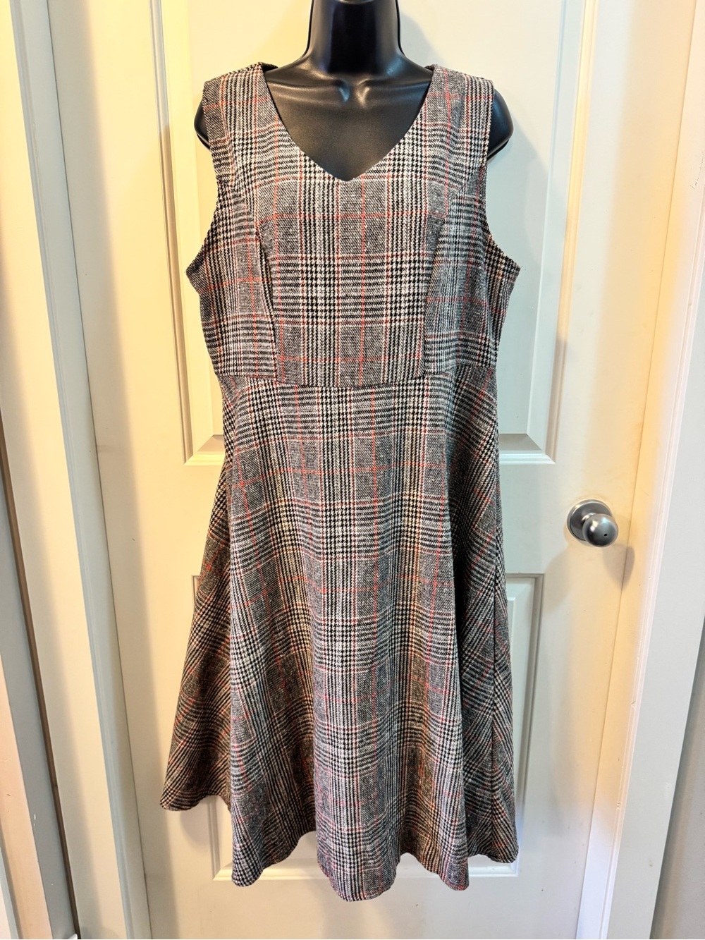 Glen Plaid V-Neck Sleeveless Pinafore Midi Dress Grey Orange M Fall Layering - Picture 6 of 11